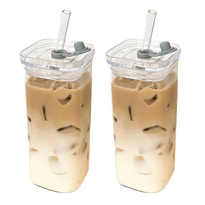Square Heat-Resistant Glass Cup with Lid & Straw