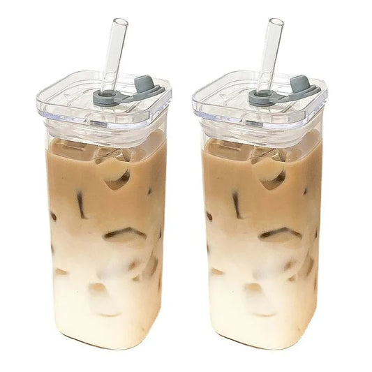 Square Heat-Resistant Glass Cup with Lid & Straw