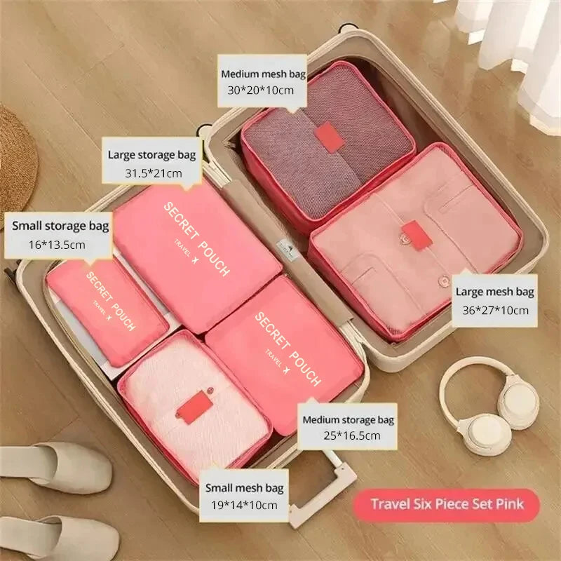 6pcs Simple Solid Color Travel Storage Bag Set