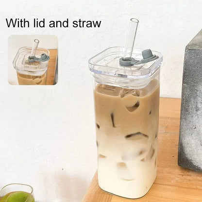 Square Heat-Resistant Glass Cup with Lid & Straw