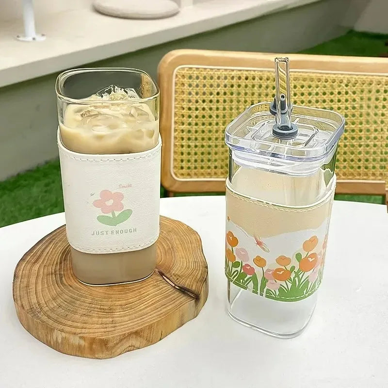 Square Heat-Resistant Glass Cup with Lid & Straw