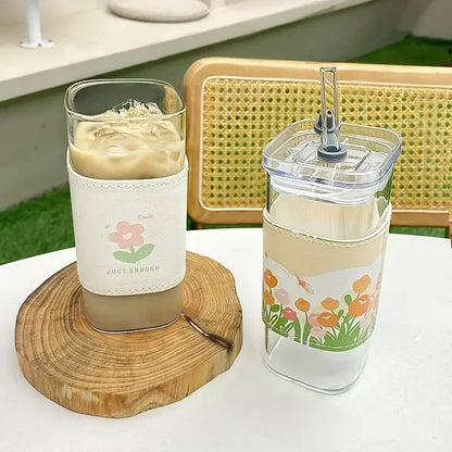 Square Heat-Resistant Glass Cup with Lid & Straw