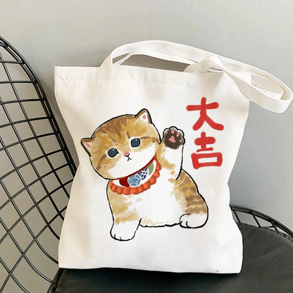 🐱Cat Canvas Tote Bag – Cute Manga Shopper for Women