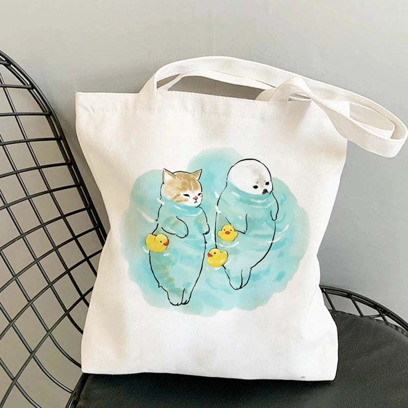 🐱Cat Canvas Tote Bag – Cute Manga Shopper for Women