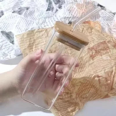 Square Heat-Resistant Glass Cup with Lid & Straw