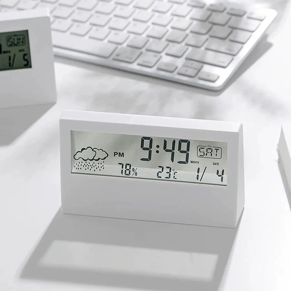 LED thermo-hygrometer with clock and alarm