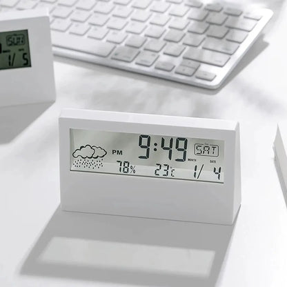 LED thermo-hygrometer with clock and alarm
