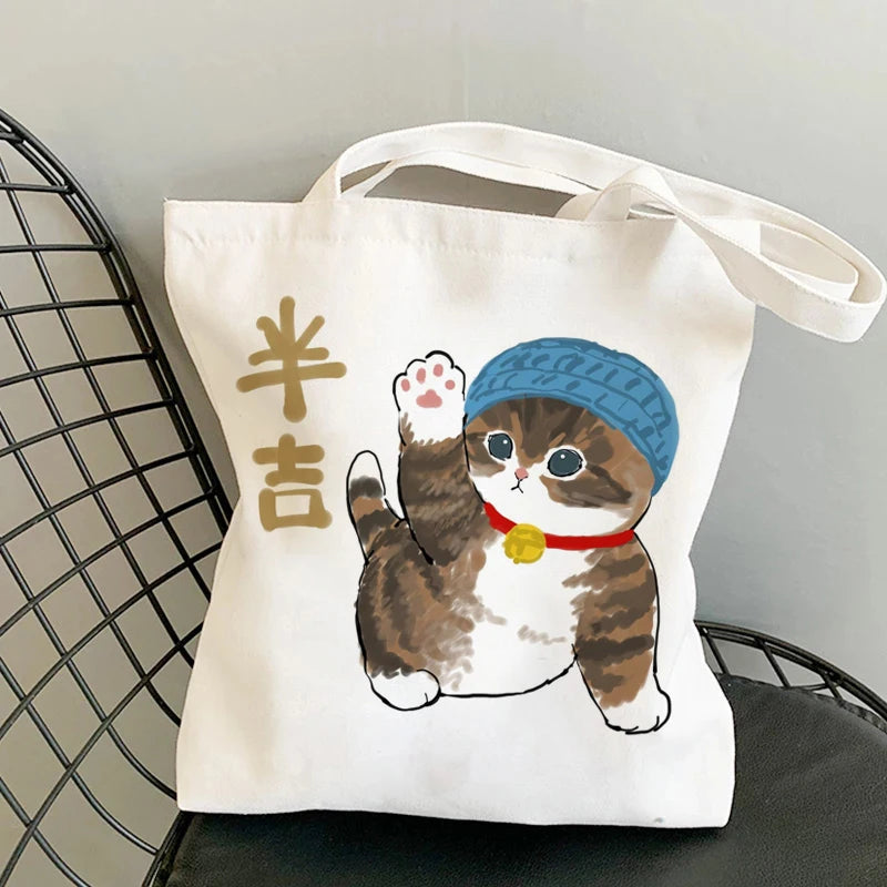 🐱Cat Canvas Tote Bag – Cute Manga Shopper for Women