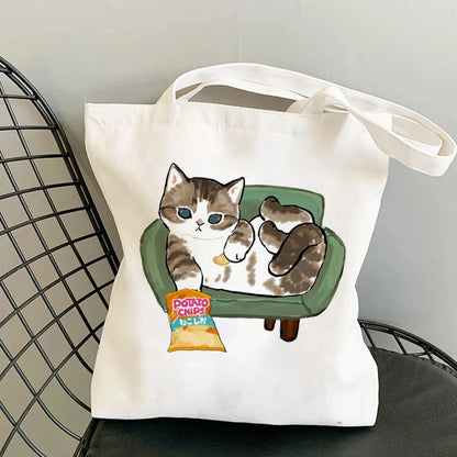 🐱Cat Canvas Tote Bag – Cute Manga Shopper for Women