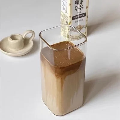 Square Heat-Resistant Glass Cup with Lid & Straw